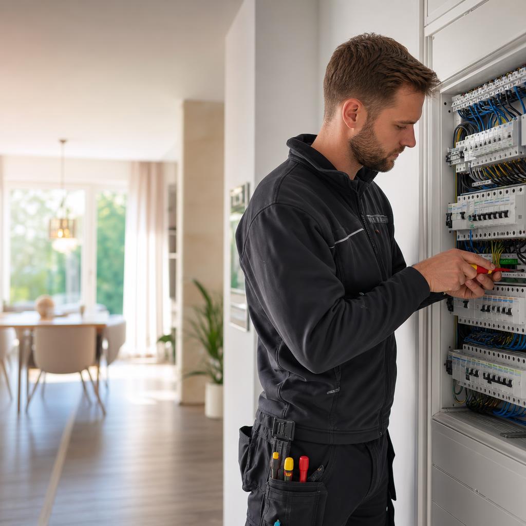 Elektromeister bei der Arbeit am modernen Zählerschrank
